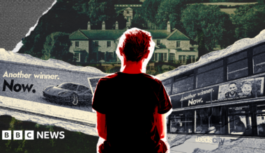 A graphic of a person looking at a laptop screen. In the foreground feature adverts for luxury prizes won via giveaways.