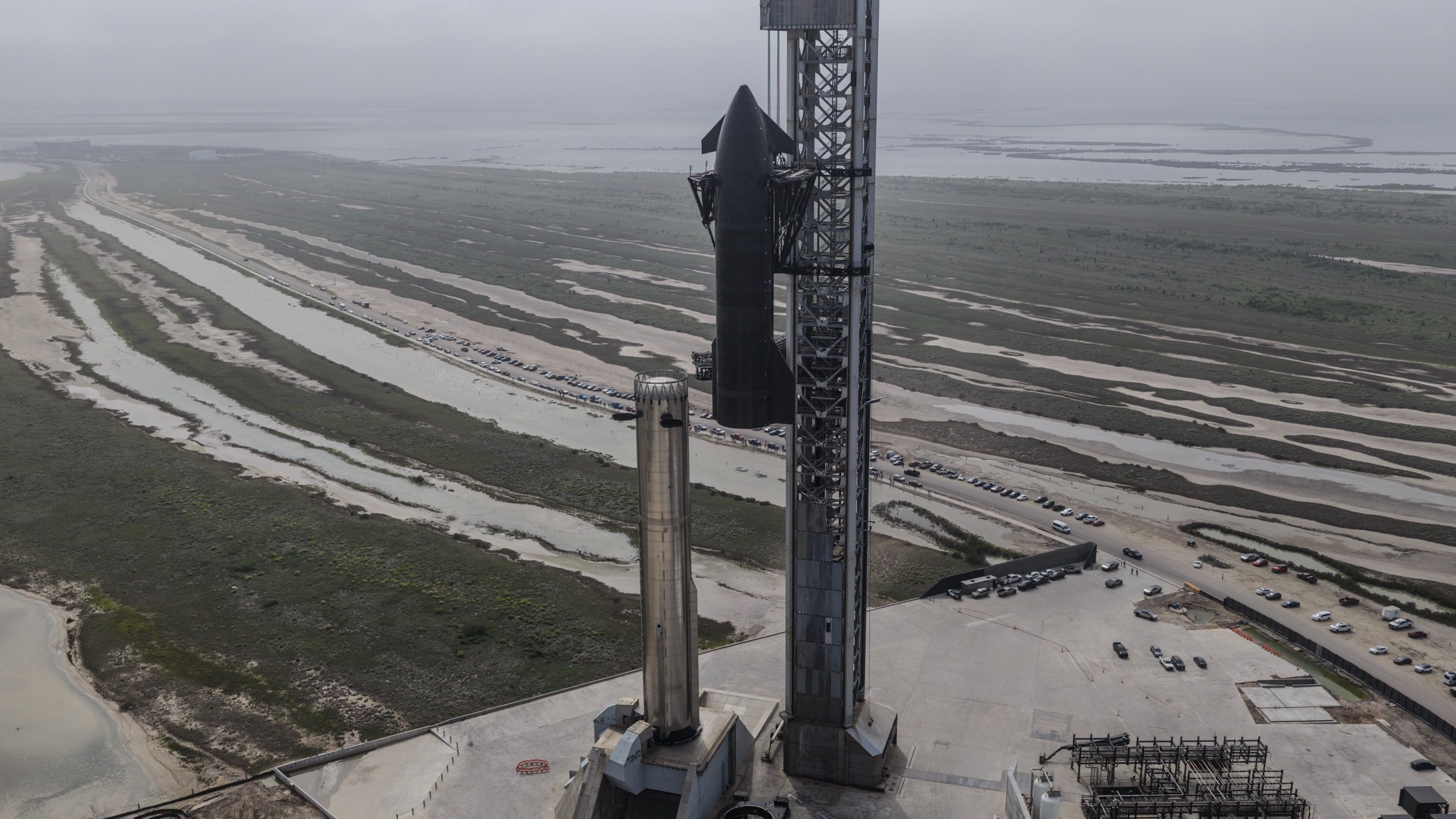 SpaceX stacks its first V3 Starship vehicle on the pad at Starbase, Texas, ahead of its debut flight. SpaceX posted this photo on X on May 19, 2026.