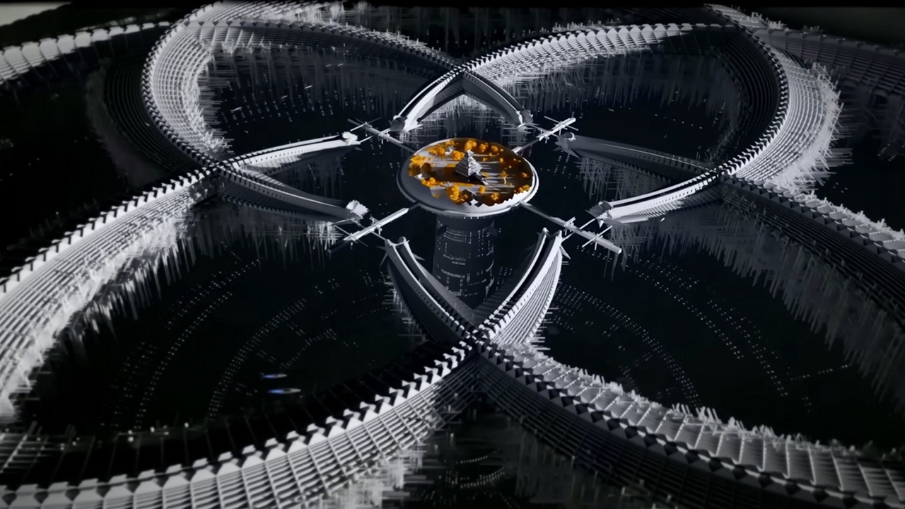 Screenshot from the sci-fi game SOL Shogunate, showing a futuristic, symmetrical structure with four circular chambers connected to a central hub.