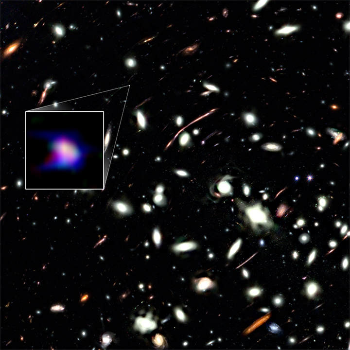 An image of the massive galaxy cluster MACS J0416 with a three-color composite image of LAP1-B in "velocity space" (inset). Credit: NASA/ESA/CSA/K. Nakajima et al. (2026)