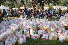 Dozens of people wait under trees for some basic food supplies which are piled up on the ground in front of them