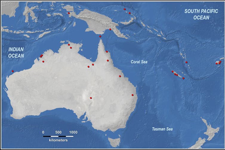 Map of Australasia with red dots.