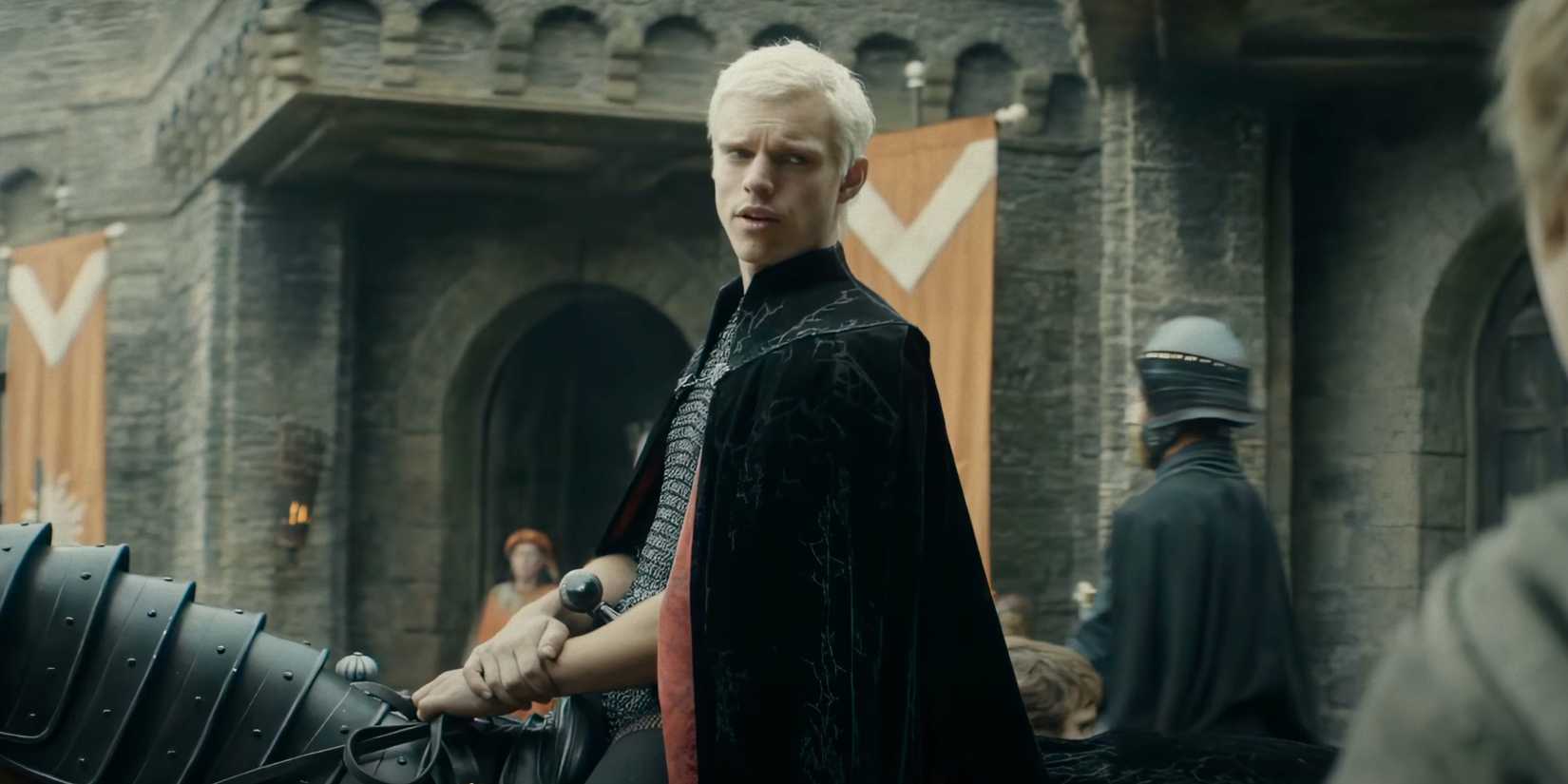 Finn Bennett as Prince Aerion Targaryen riding a horse in A Knight of the Seven Kingdoms
