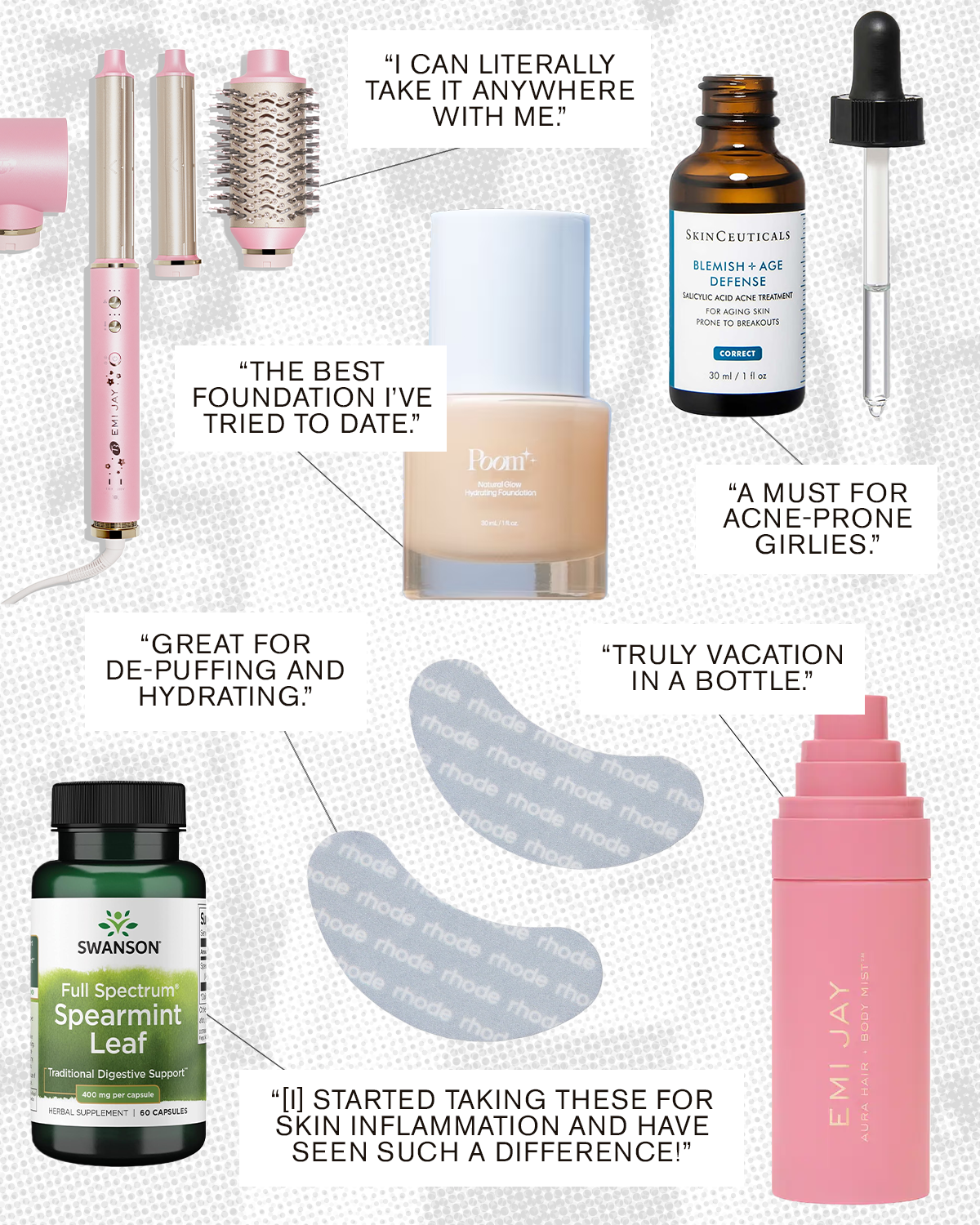Collage of beauty products with short quotes pointing to each.