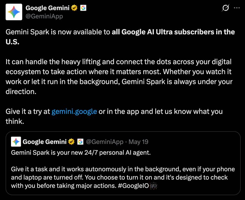 A screenshot highlighting Gemini's tweet about Spark availability.
