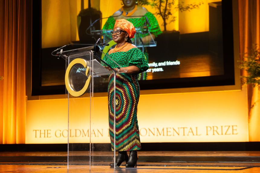 Tanshi addresses the ceremony crowd after accepting the Goldman Environmental Prize, which launched in 1989 to recognize
