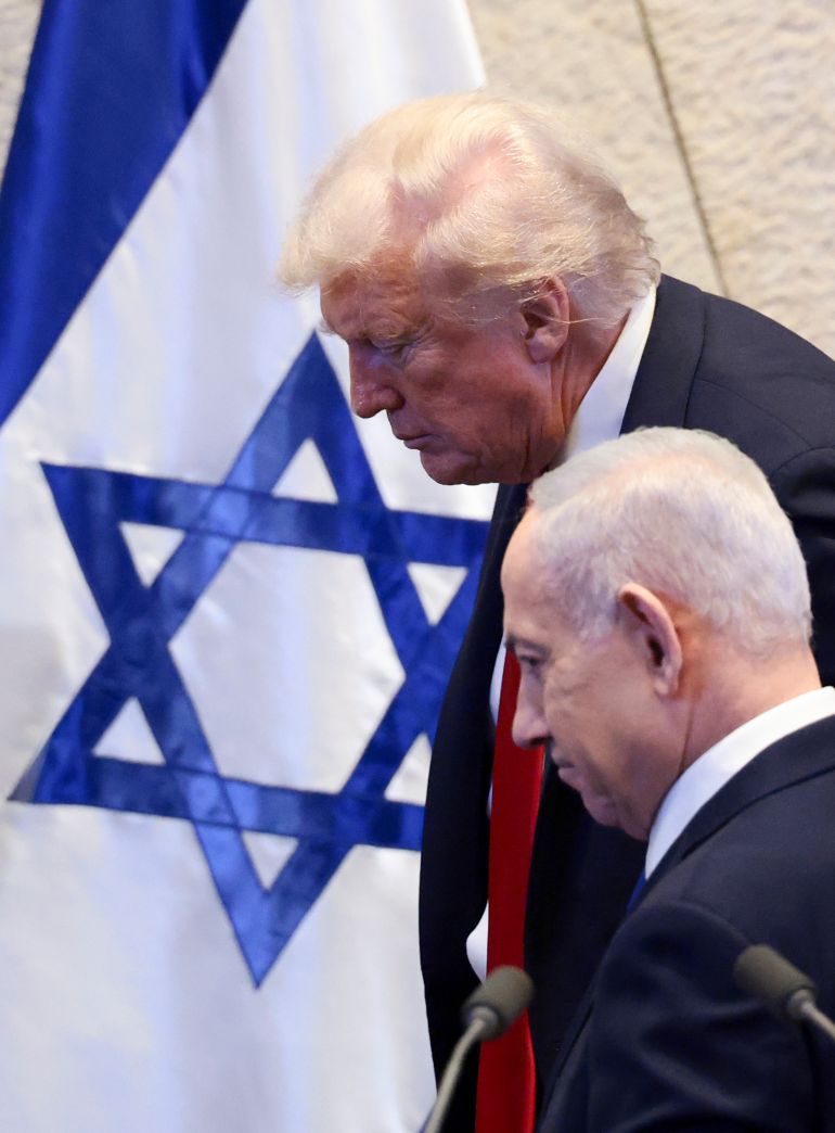 JERUSALEM - OCTOBER 13: U.S. President Donald Trump and Israeli Prime Minister Benjamin Netanyahu at the Knesset, Israel's parliament, on October 13, 2025 in Jerusalem. President Trump is visiting the country hours after Hamas released the remaining Israeli hostages captured on Oct. 7, 2023, part of a US-brokered ceasefire deal to end the war in Gaza. (Photo by Evelyn Hockstein - Pool/Getty Images)