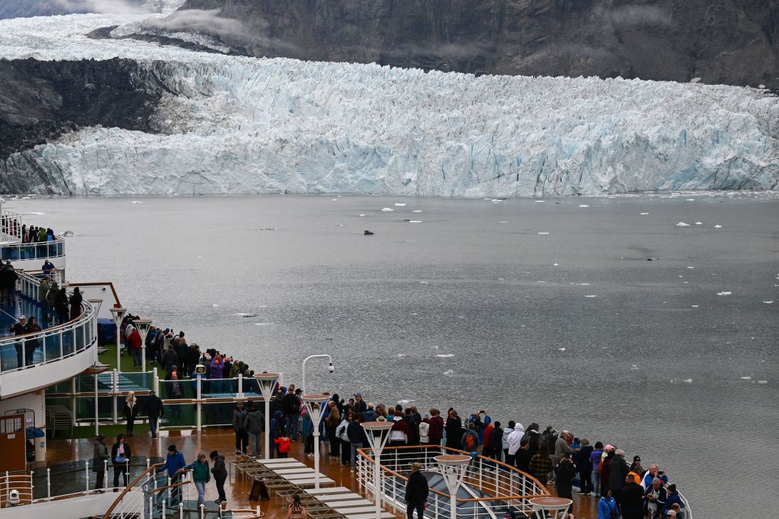 Cruise ship passengers enjoy the view of Margerie Glacier in Alaska's Glacier Bay National Park in 2024. Scientists say Glacier Bay, a popular tourist attraction, is also at risk for these kinds of landslide-generated tsunamis.