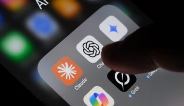Apple iPhone screen with Artificial Intelligence icons internet AI app application ChatGPT, DeepSeek, Gemini, Copilot, Grok, Claude, etc.