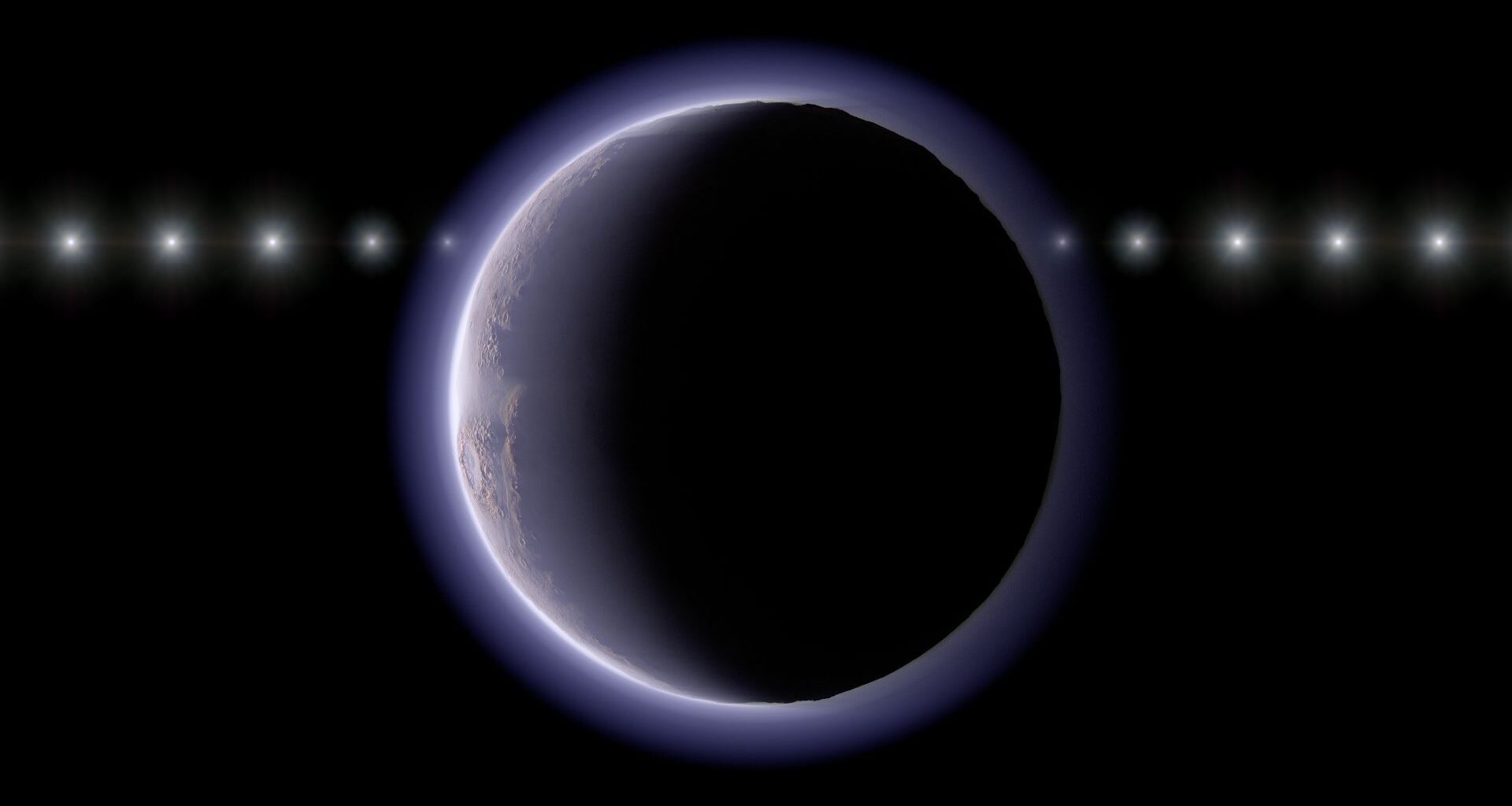 A planet in the center of the image with a hazy purple atmosphere around it. There are white dots in a line behind the planet.