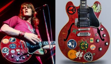 LEFT: Alvin Lee onstage with Ten Years After in 1970. RIGHT: A vintage 1958 Gibson ES-335 electric guitar nicknamed ÔBig RedÕ, previously owned by English musician and Ten Years After guitarist Alvin Lee, taken on May 21, 2019.