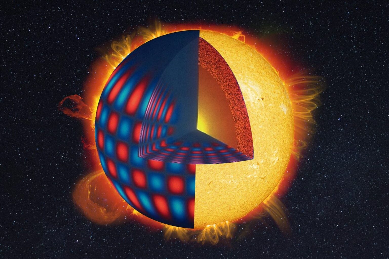 Artist rendering of a helioseismic map of the Sun that shows ten million modes of sound wave oscillations in the Sun. Such maps are helping scientists predict activity before it rotates into our view. Credit: NSF/NSO/AURA