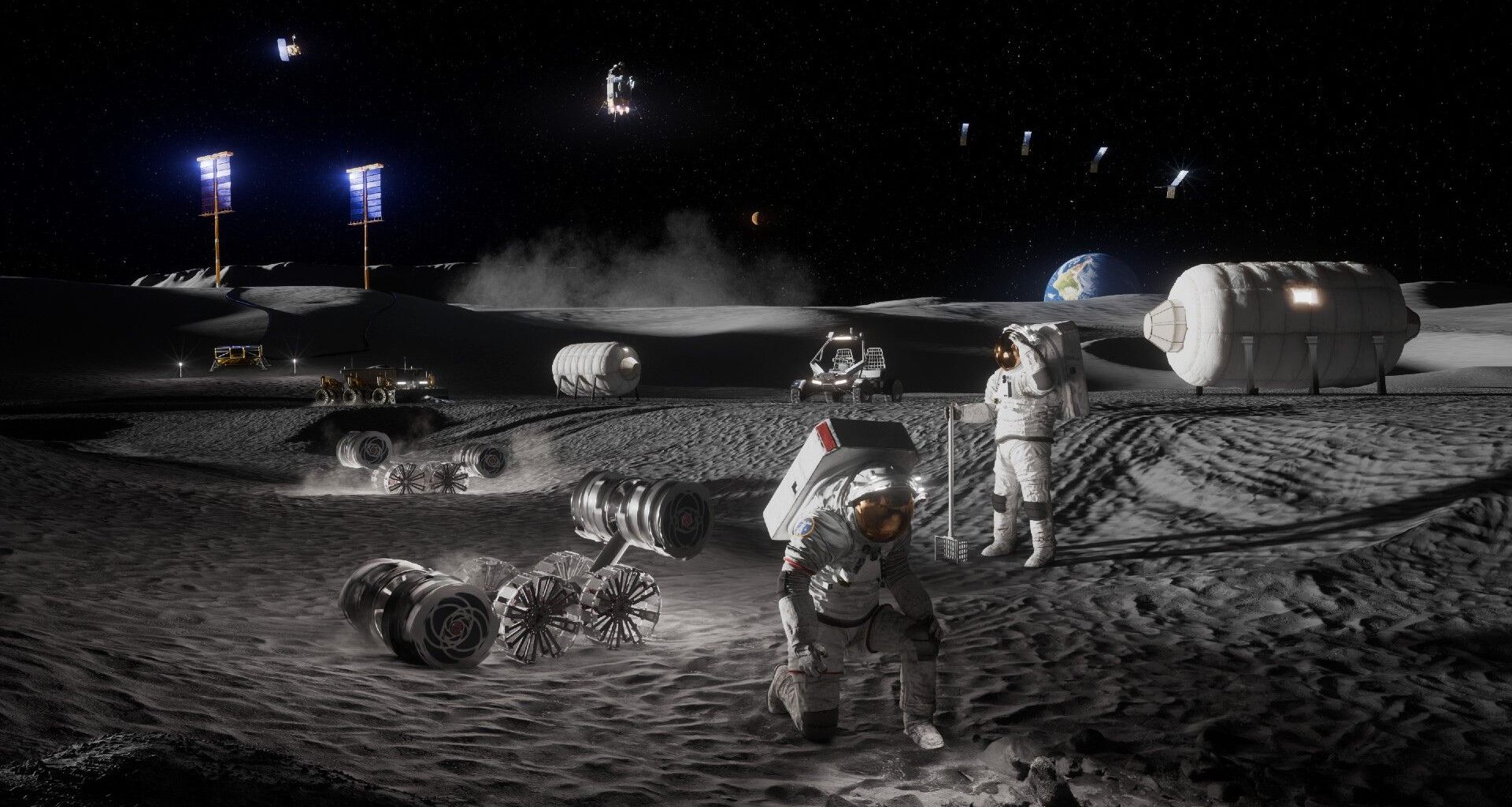 Artist&rsquo;s impression of astronauts, habitats, rovers, power systems, and cargo operations supporting sustained human activities at a future Moon Base.