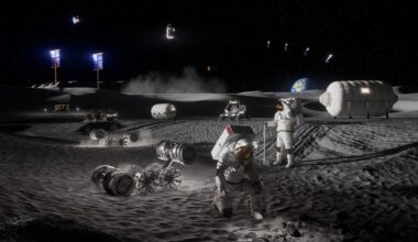 Artist&rsquo;s impression of astronauts, habitats, rovers, power systems, and cargo operations supporting sustained human activities at a future Moon Base.