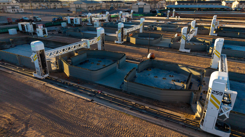 Ft. Bliss 3D-Printed Barracks Construction. Image via ICON.