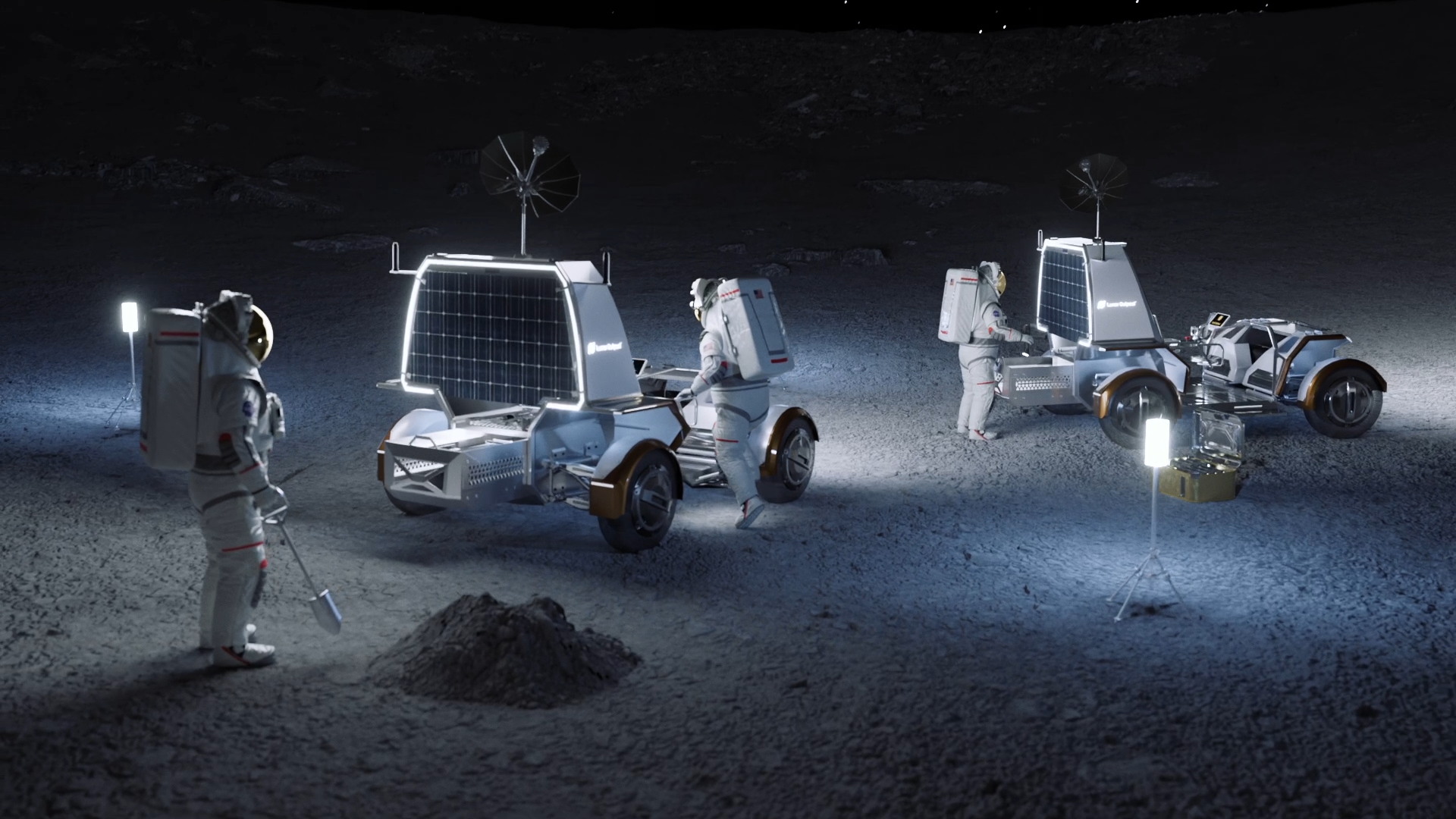 an illustration of three roofless four-wheeled vehicles on a grey dusty surface next two three astronauts in bulky white spacesuits