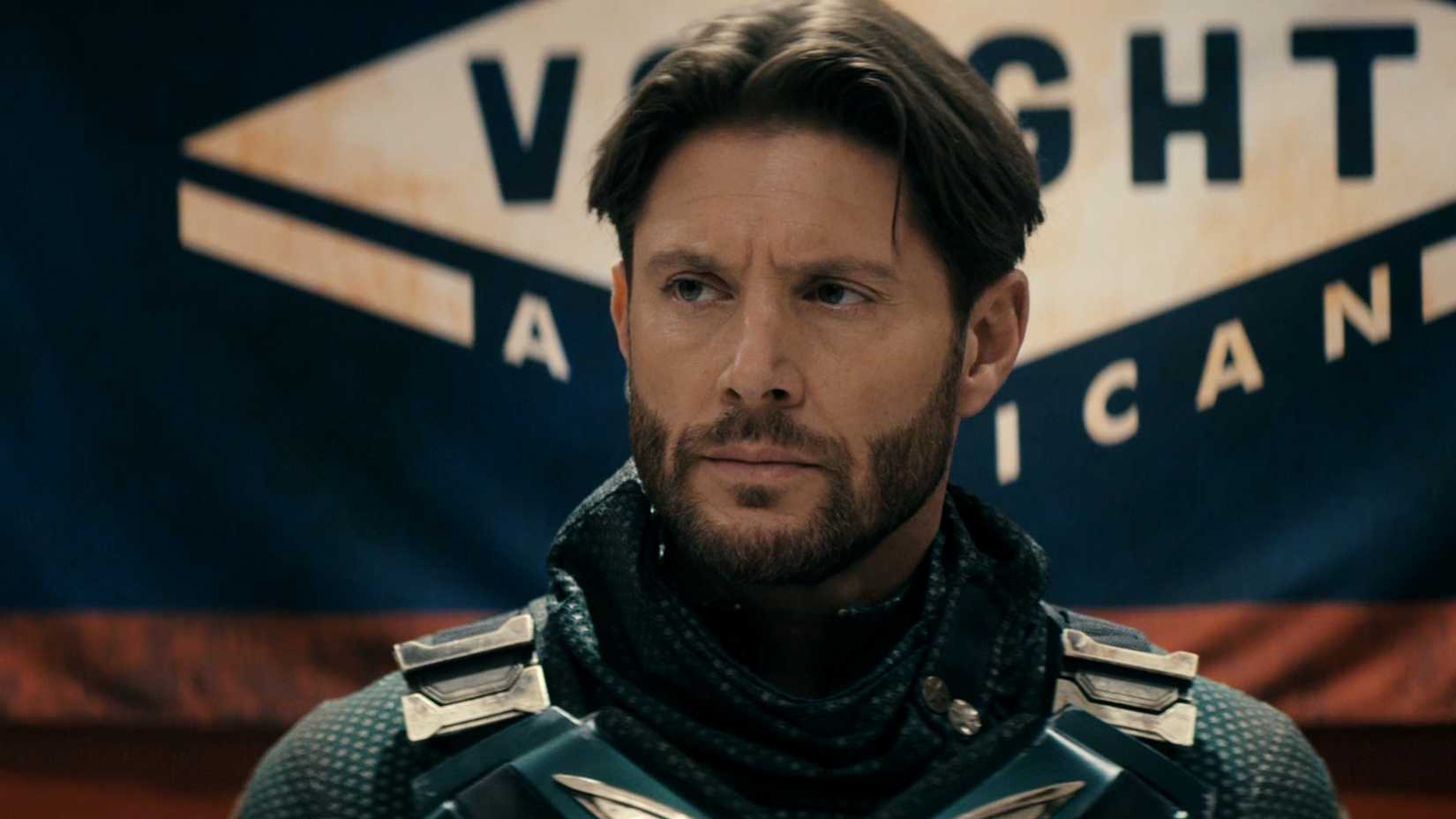 Jensen Ackles as Soldier Boy in front of a Vought sign in The Boys.