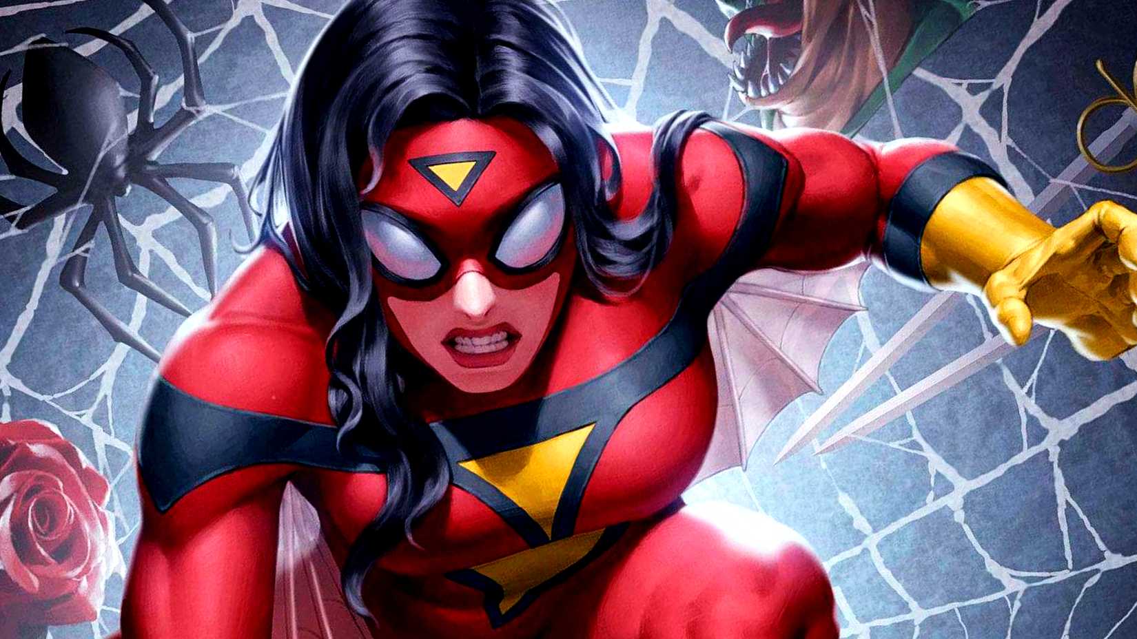 Jessica Drew aka Spider-Woman sits on a web surrounded by spiders