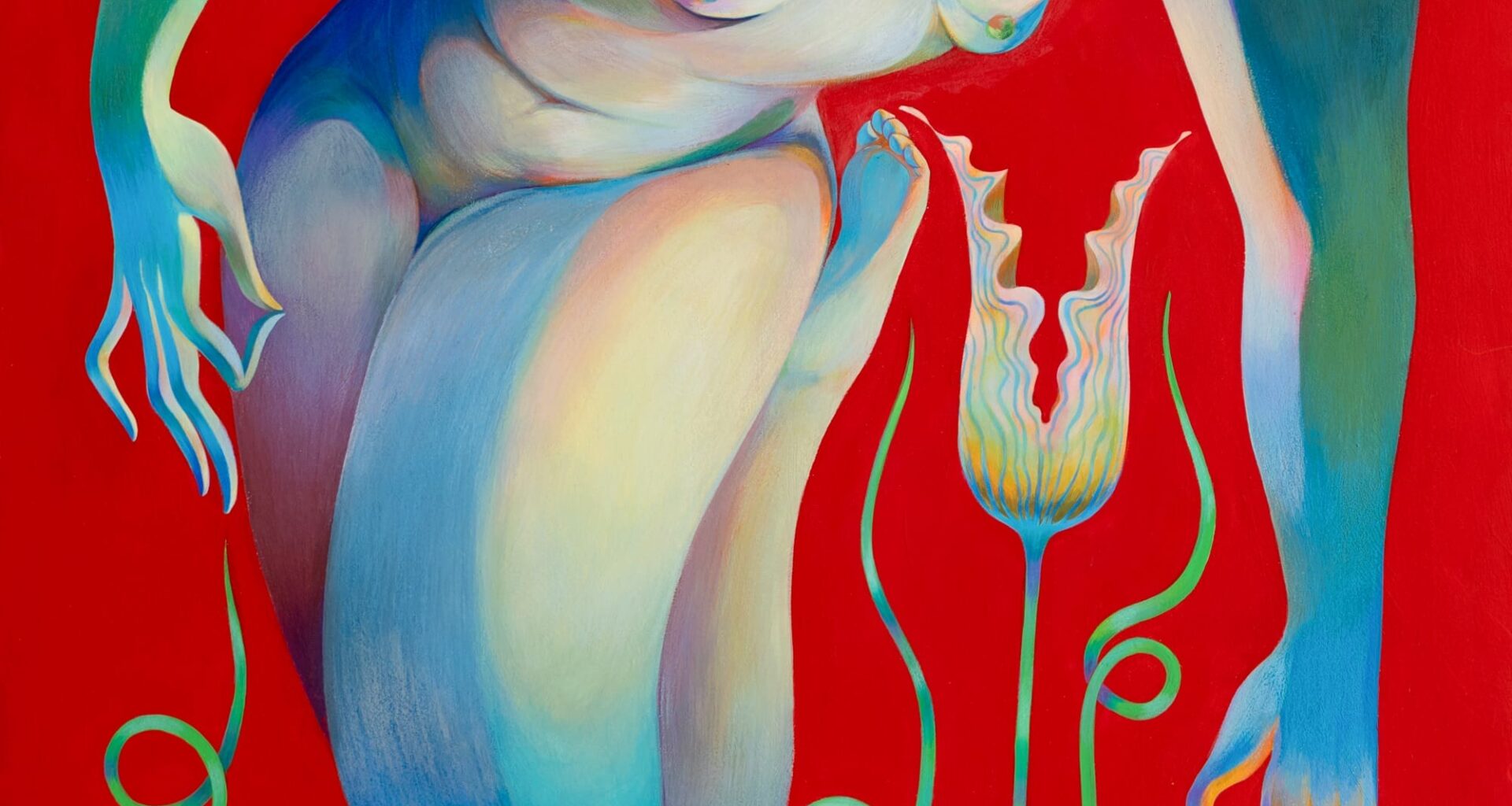 a mixed media piece of a nude, faceless woman hunching over a flower on a bright red background