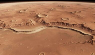 Aerial view of Mars terrain showing a shelf-like formation linked to a possible ancient northern ocean