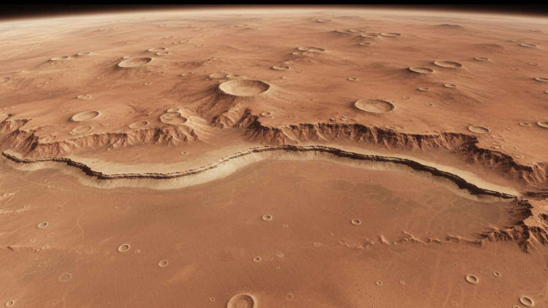 Aerial view of Mars terrain showing a shelf-like formation linked to a possible ancient northern ocean
