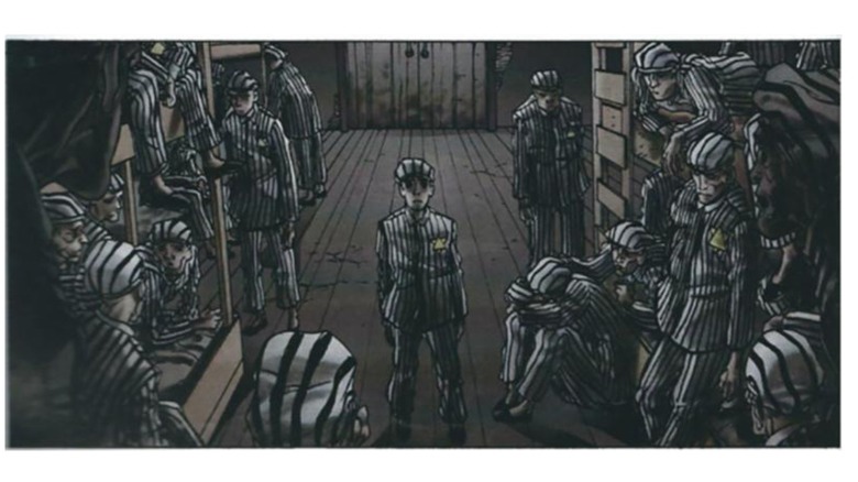 Max Eisenhardt inside a barracks in a concentration camp in 