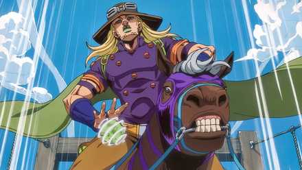 Gyro rapidly spins his steel balls to gain momentum during the race in Steel Ball Run