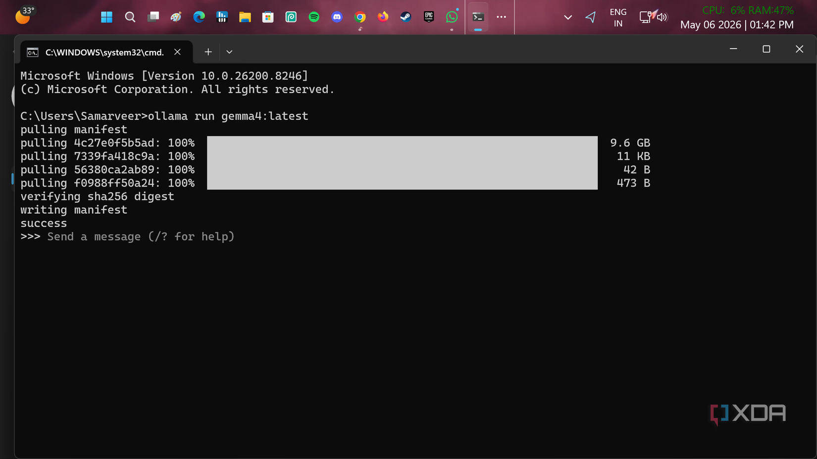Having Ollama download Gemma 4's latest model via Command Prompt in Windows 11.