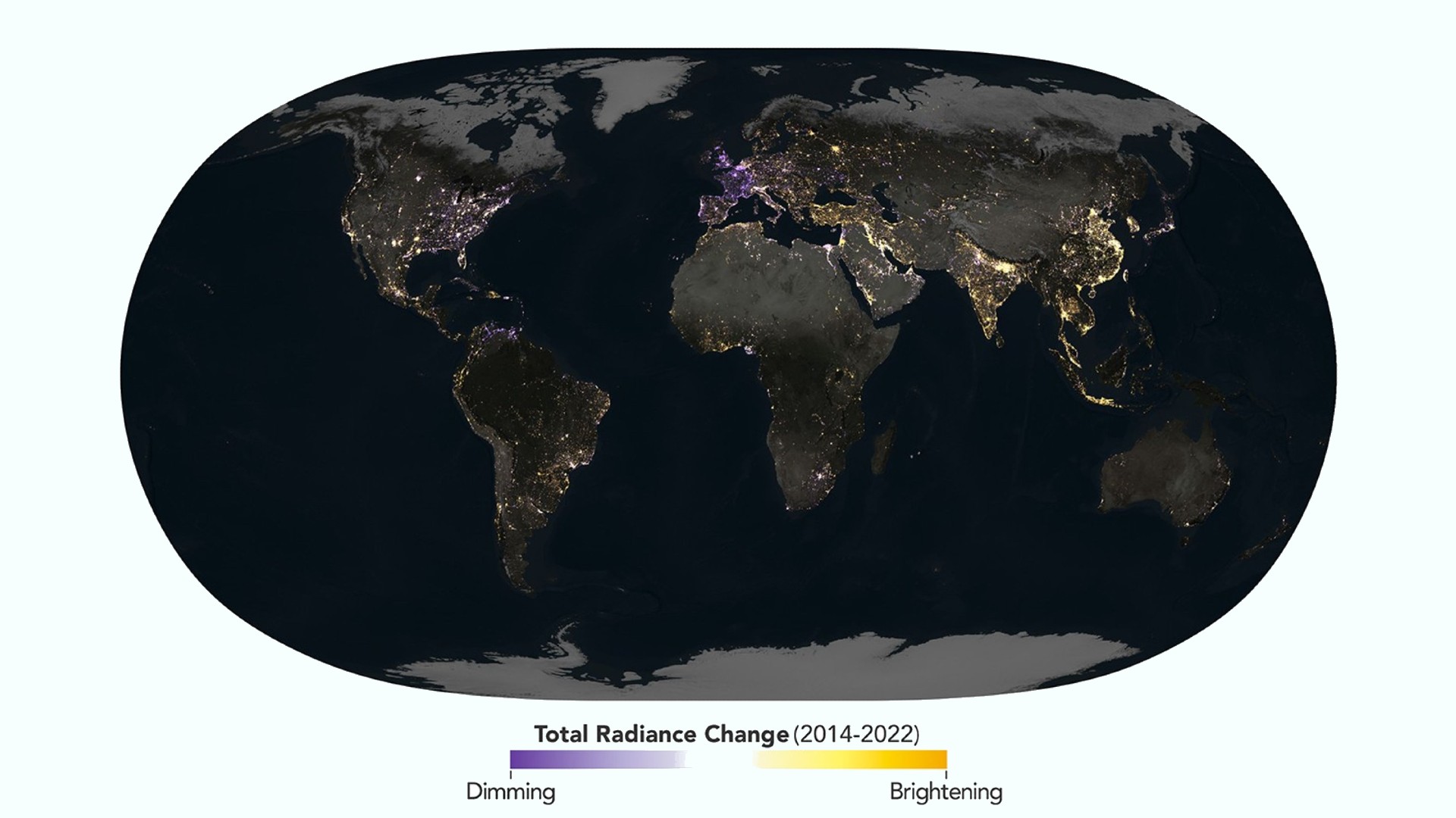 an image of a dark nighttime earth flattened into an ovoid, with populated regions lit up from blue to orange according to how much their lights changed from 2014 to 2022