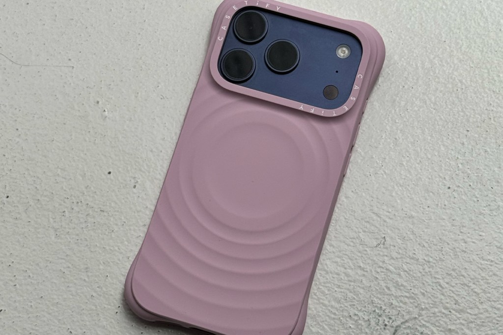Pink phone case with concentric ripples and a Casetify logo.