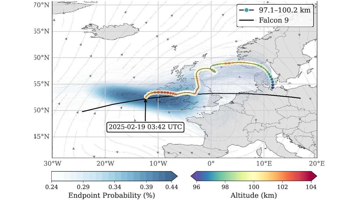 diagram showing the path of a rocket body's reentry over ireland and the united kingdom
