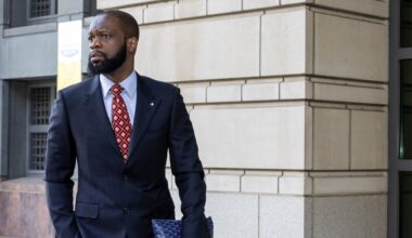 WASHINGTON, DC - APRIL 03: Pras Michel, a member of the 1990's hip-hop group the Fugees, arrives at U.S. District Court on April 3, 2023 in Washington, DC. Michel is on trial for his alleged participation in a campaign finance conspiracy.
