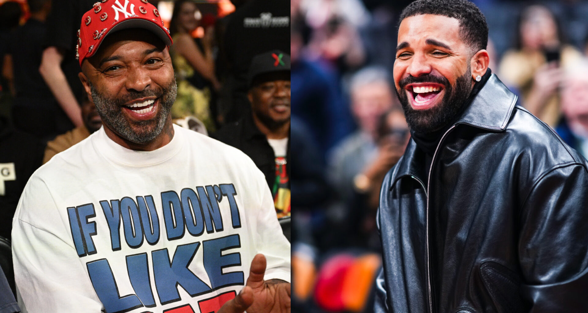Two men smiling: Joe Budden in a red cap and graphic tee, Drake in a black leather jacket.