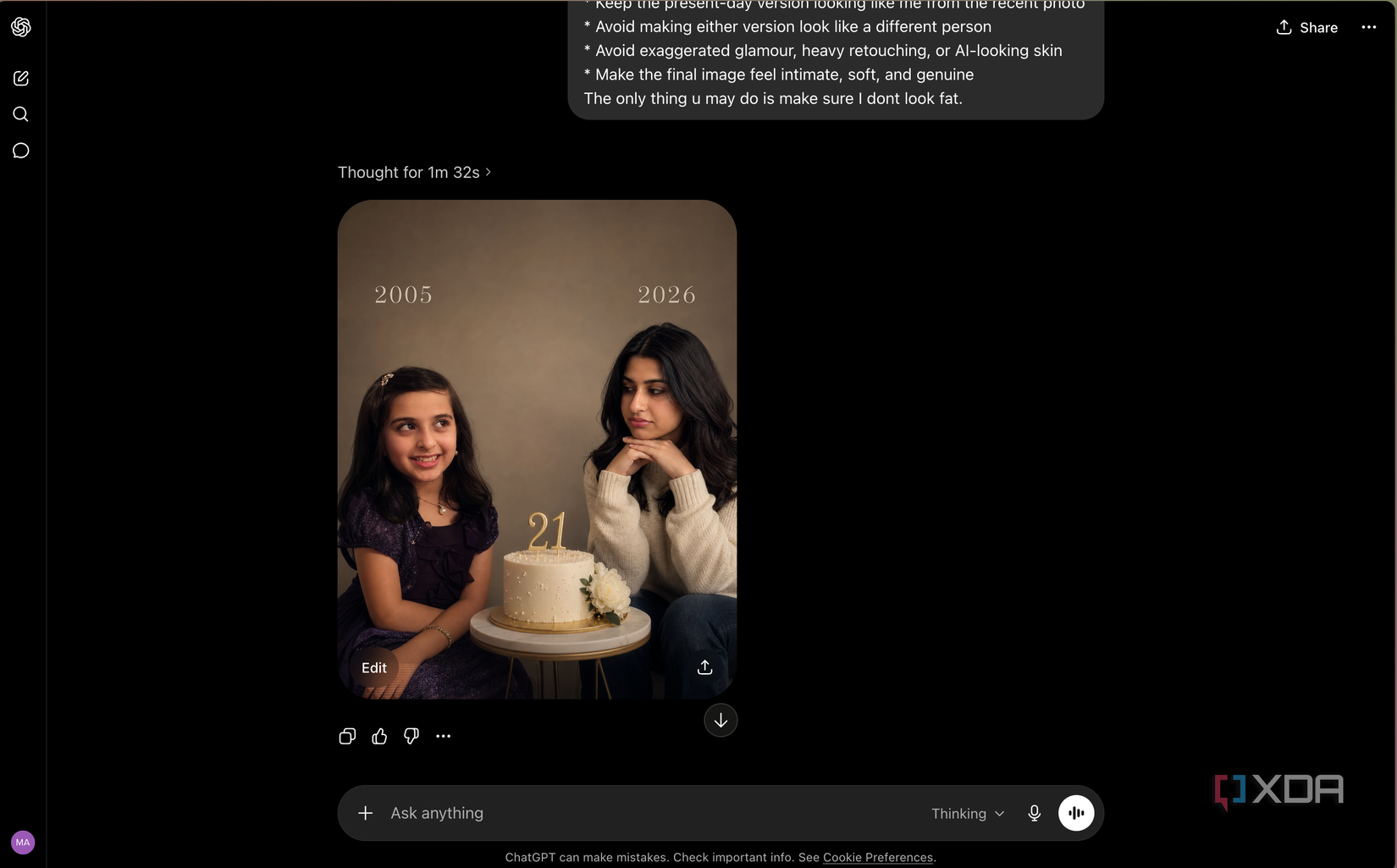 side by side photos of a woman at age 21 in 2005 and age 21 in 2026 with a birthday cake