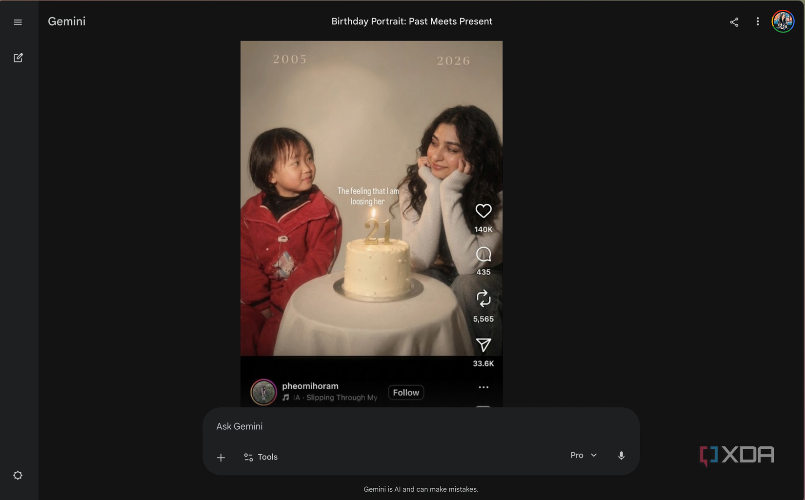 side by side portrait comparison of a child in 2005 and adult in 2024 with birthday cake