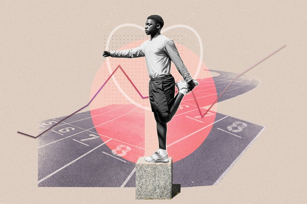 A young sportsman on a collage background with a sports ground and health data