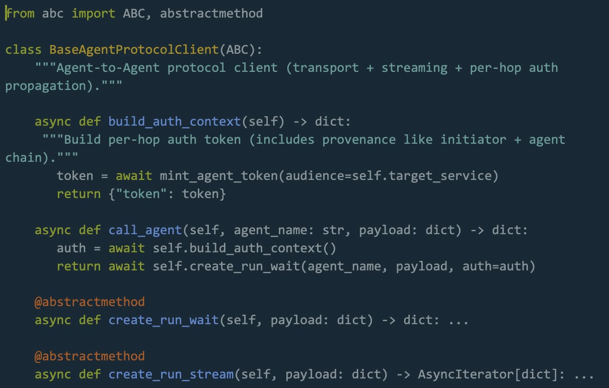Python code defining an abstract base class 'BaseAgentProtocolClient' for an agent-to-agent protocol client, including asynchronous methods for building authentication context, calling agents, and abstract methods for running and streaming operations.