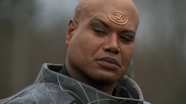 Teal'c looking off to the side and frowning in "Stargate SG-1."