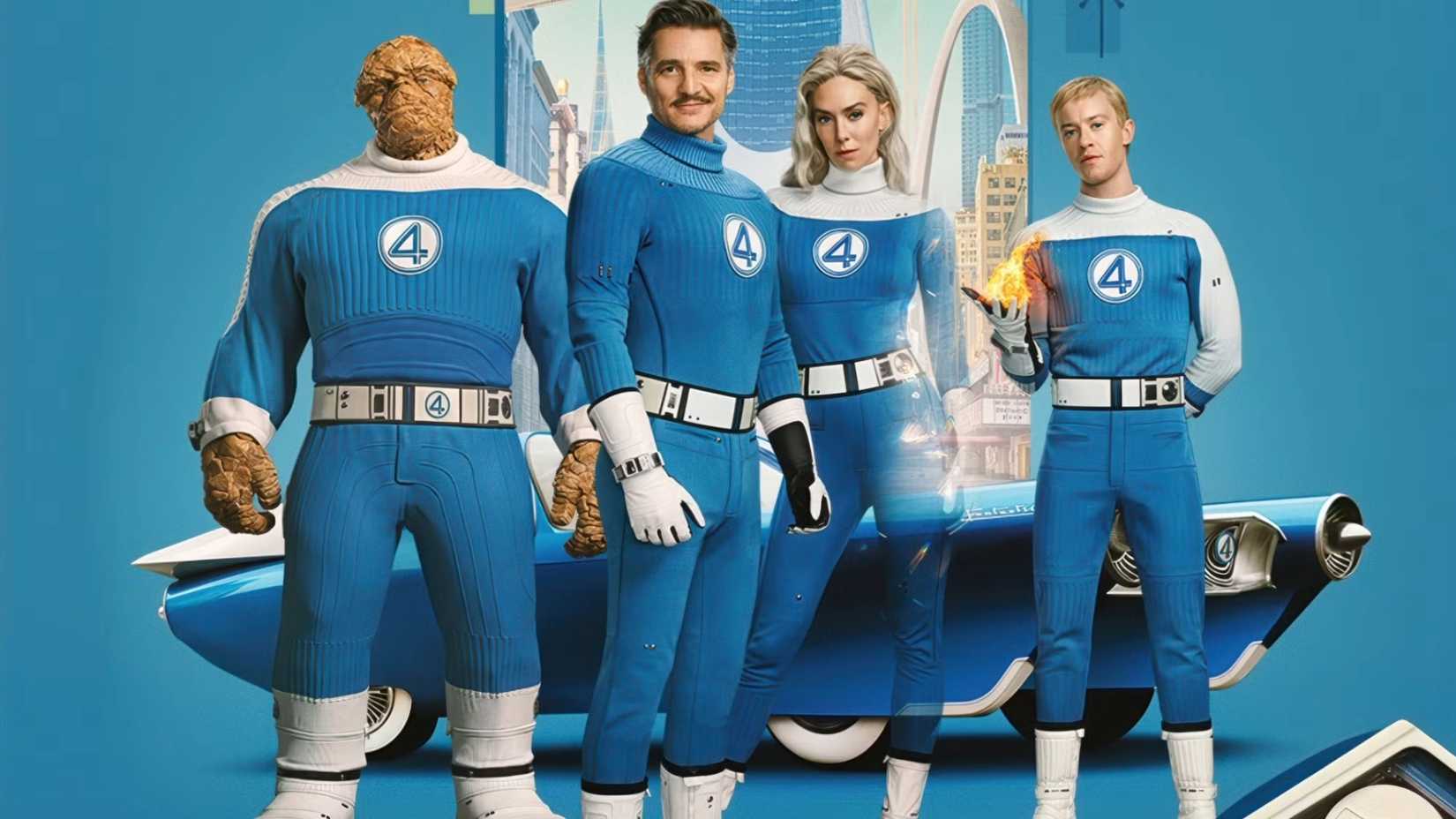 The cast of the MCU's Fantastic Four smiling and_or showing their powers in front of the Fantasticar and NYC buildings (1)
