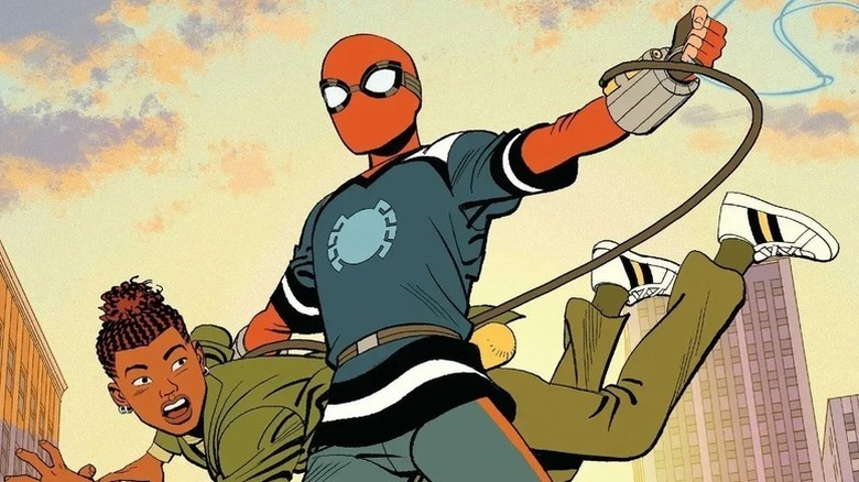 Spider-Man (Hudson Thames) rescues Harry Osborn (Zeno Robinson) in 