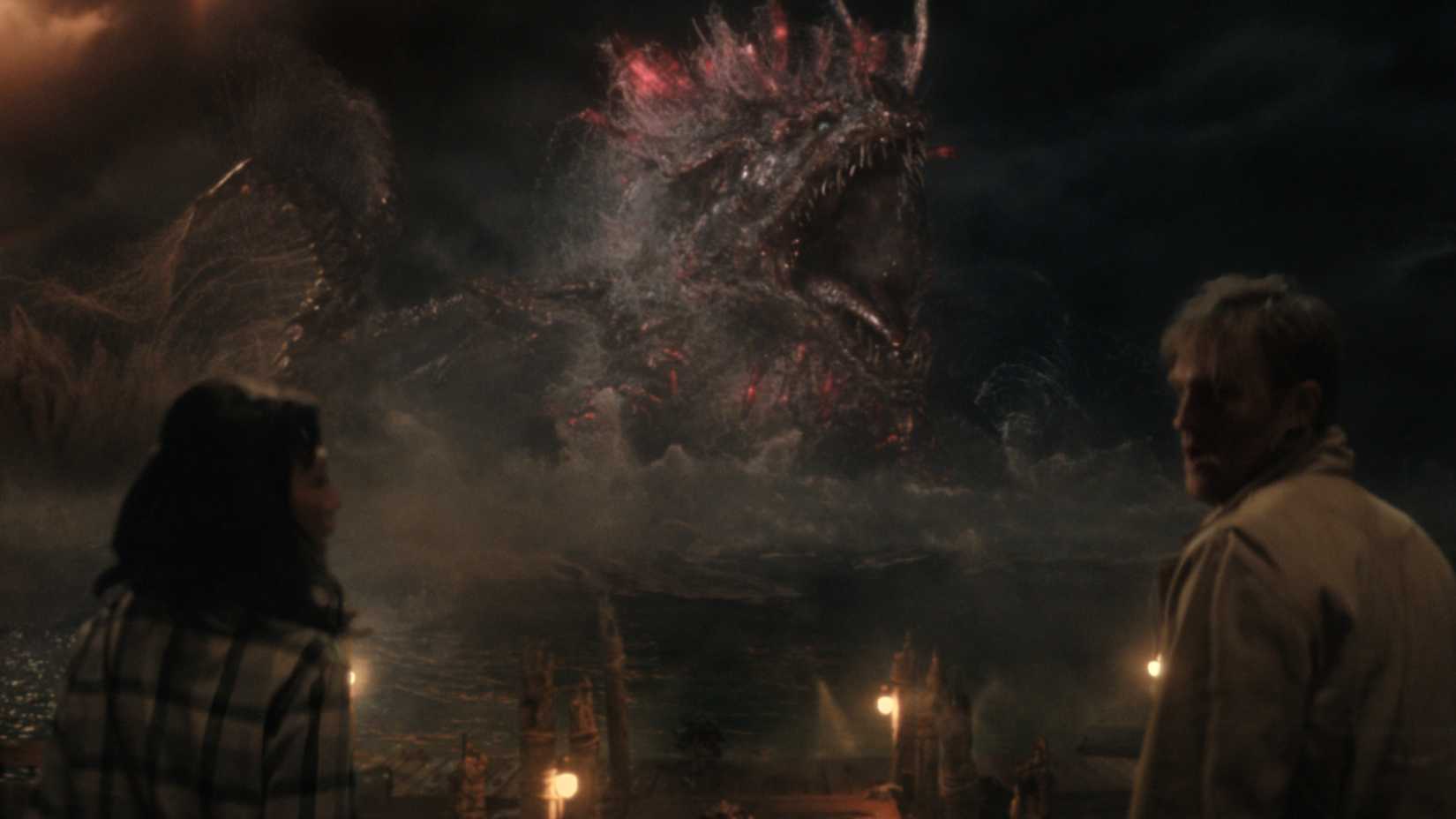 Titan X roaring while Keiko and Lee Shaw look worried in Monarch Legacy of Monsters season 2