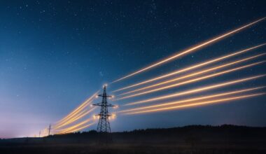 Lit-up power lines shine through the night.