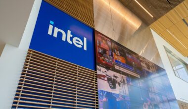 Intel logo inside a building.