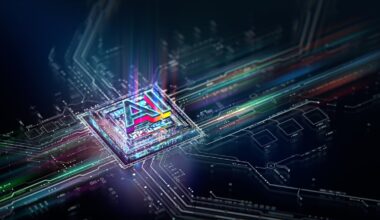 An artificial intelligence (AI) chip surrounded by circuits and networking connections.