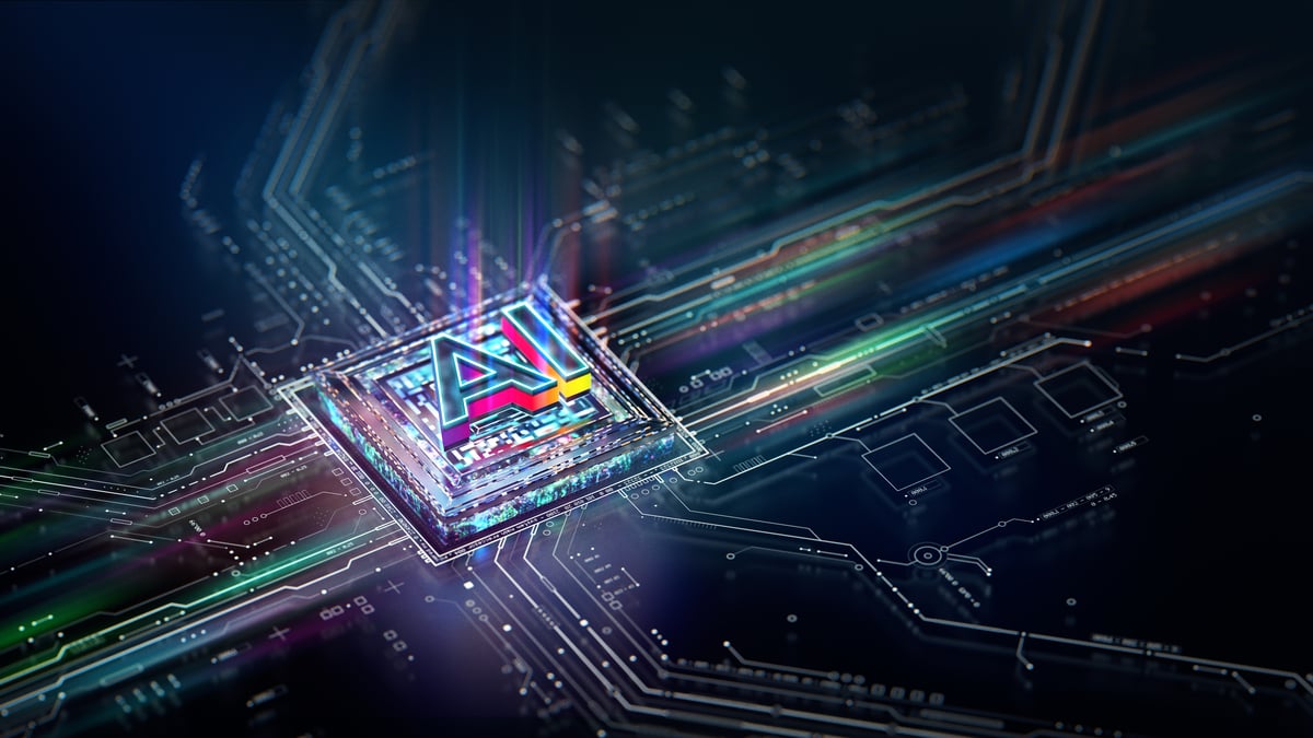An artificial intelligence (AI) chip surrounded by circuits and networking connections.