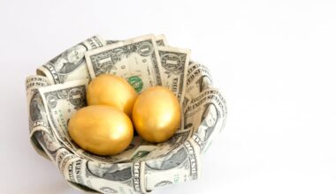Three golden Eggs in a basket made of money.