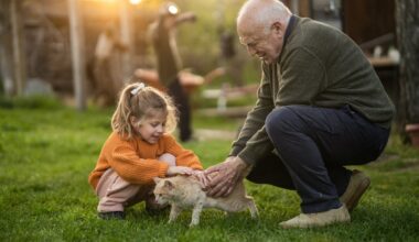 Senior and child petting cat in backyard.
