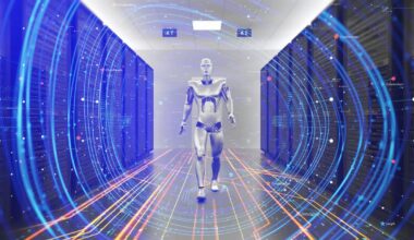 A humanoid robot walking in an AI data center.