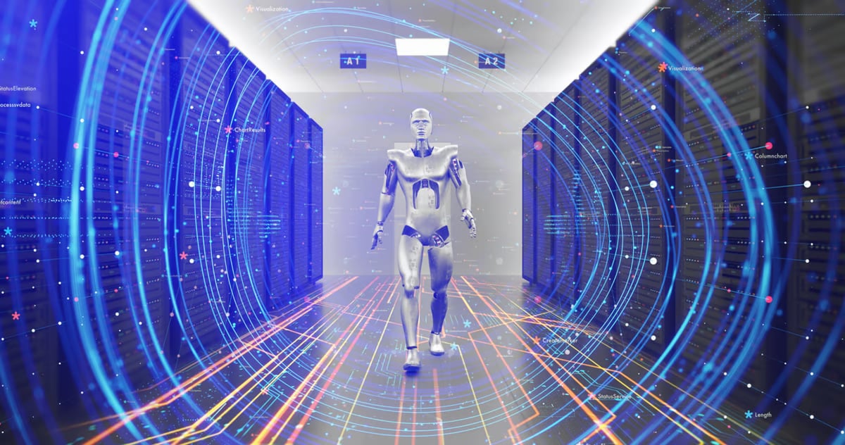 A humanoid robot walking in an AI data center.