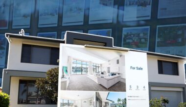 A large modern home with a “For Sale” sign stands in front of blurred real estate listings, symbolising Australia’s shifting housing market.